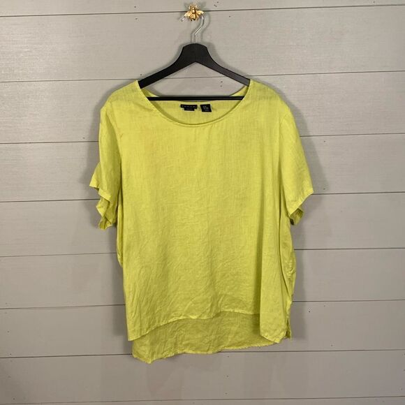 Tahari neon yellow linen tunic hi/low short sleeve tunic blouse size 2X - Picture 1 of 7